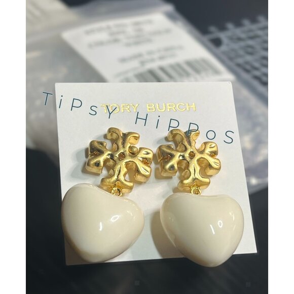 Beautiful Tory Burch White and Gold Roxanne Heart Drop Earrings - Picture 4 of 4